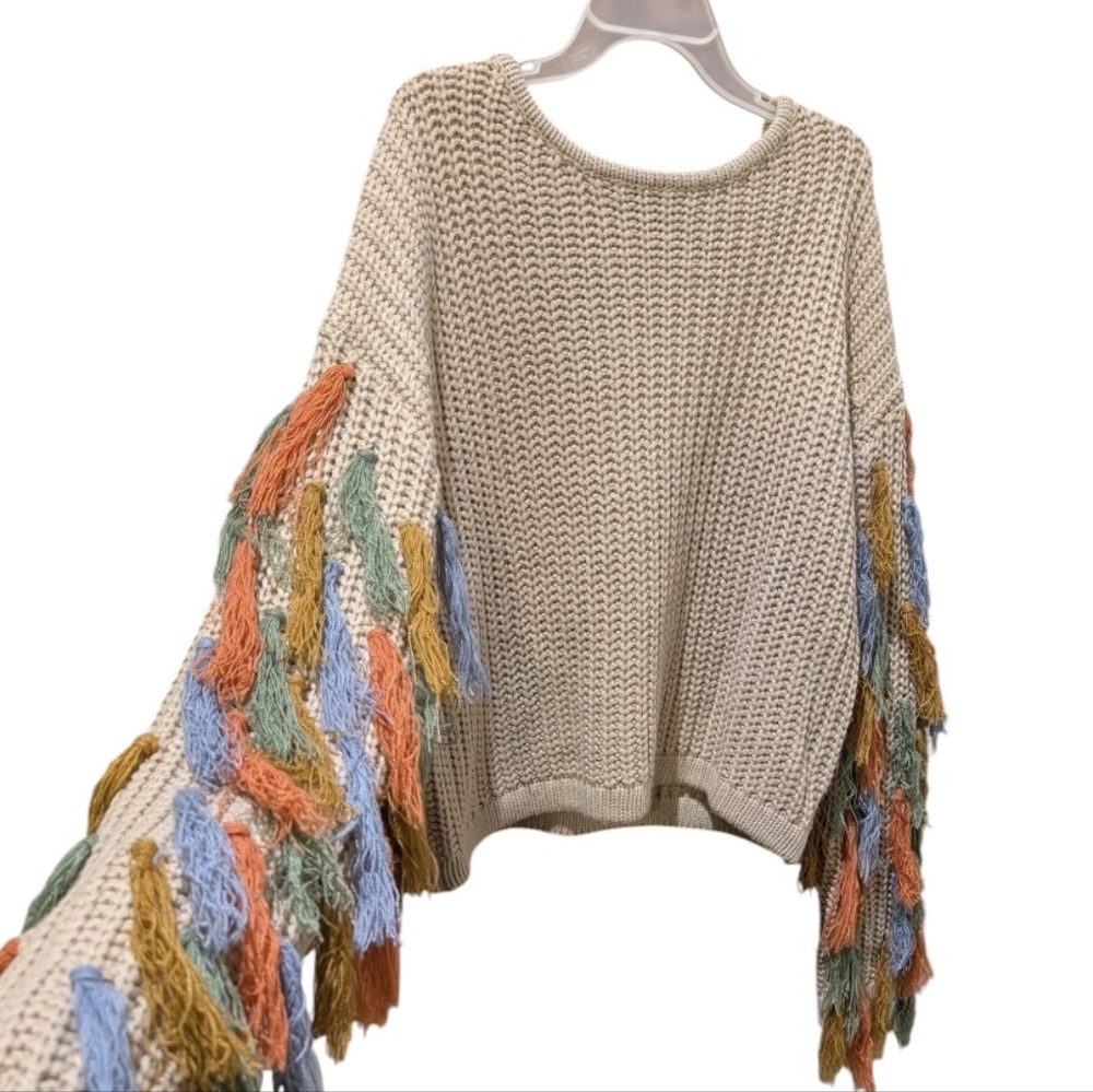 Blue B Collection Tan Knit Sweater With Multi Colored Fringe On Sleeves, Size M.